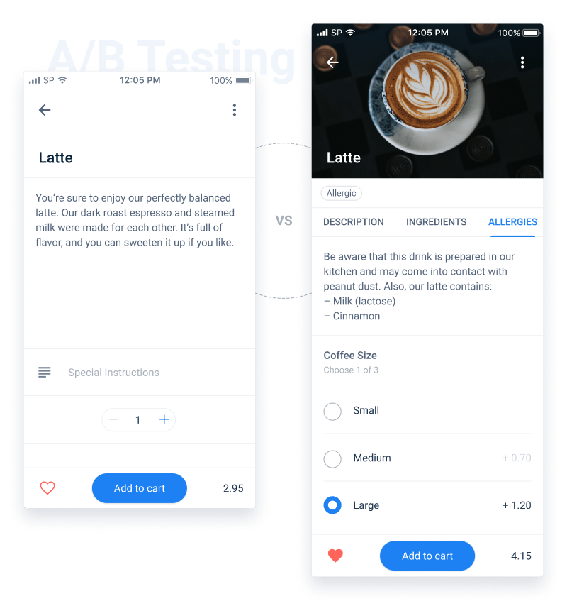 Latte item with text-only description compared to latte
                            with full details and item controls.