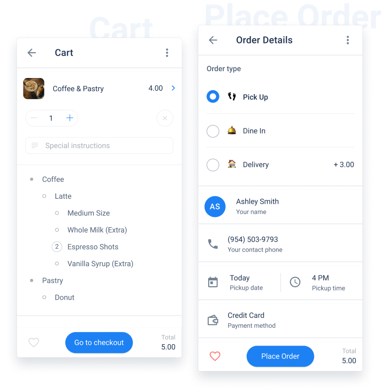 Shopping cart feature with item breakdown.
                            Order details screen with customer’s contact, payment info.