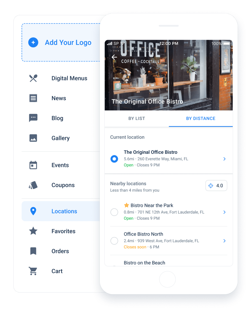 App on restaurant locations page, with distance, address, and contact info for each.