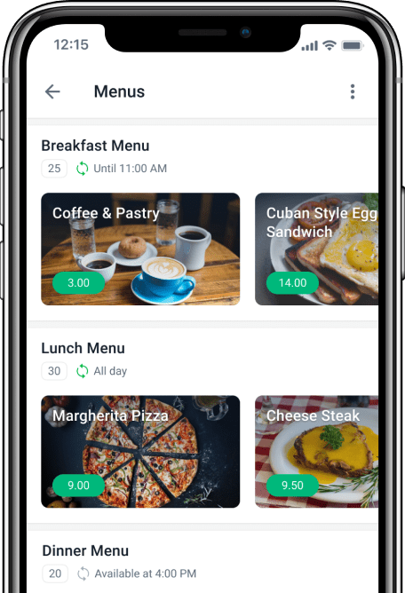Mobile phone screen showing lunch menu with pizza image, and detailed lunch
                                items with thumbnails.