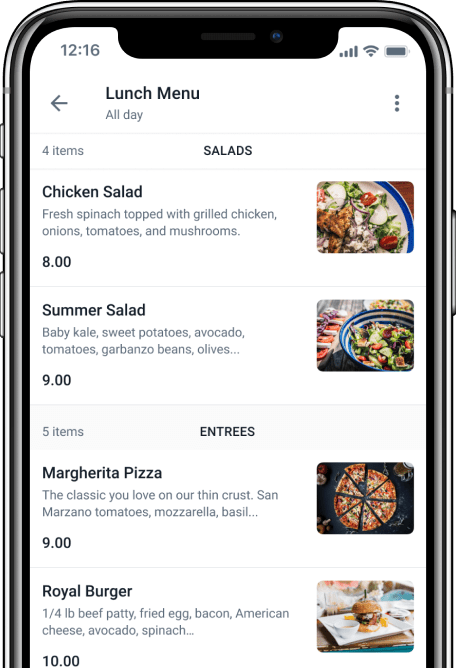 Mobile phone screen showing lunch menu with pizza image, and detailed lunch
                                items with thumbnails.
