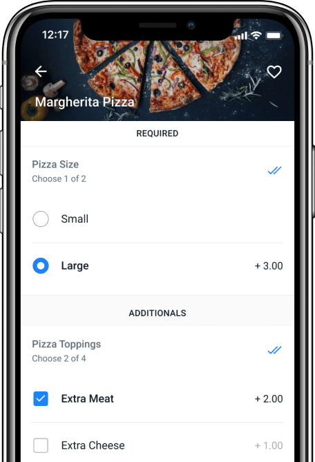 Mobile phone screen showing lunch menu with pizza image, and detailed lunch
                                items with thumbnails.