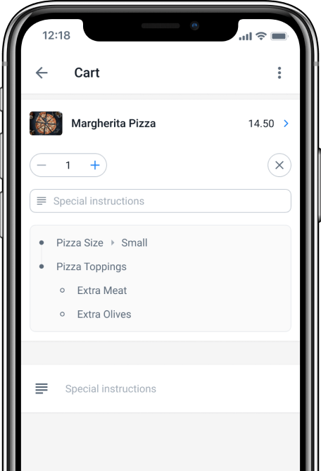 Mobile phone screen showing lunch menu with pizza image, and detailed lunch
                                items with thumbnails.