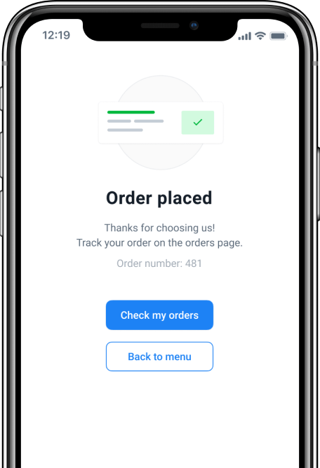 Mobile phone screen showing lunch menu with pizza image, and detailed lunch
                                items with thumbnails.