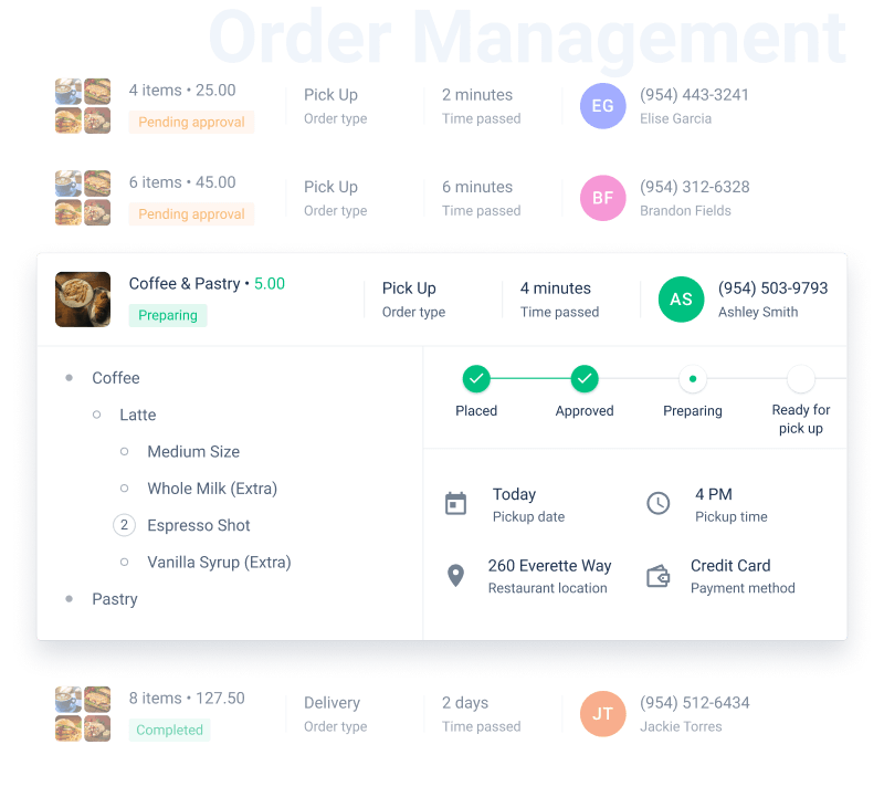 Shopping cart feature with item breakdown.
                            Order details screen with customer’s contact, payment info.